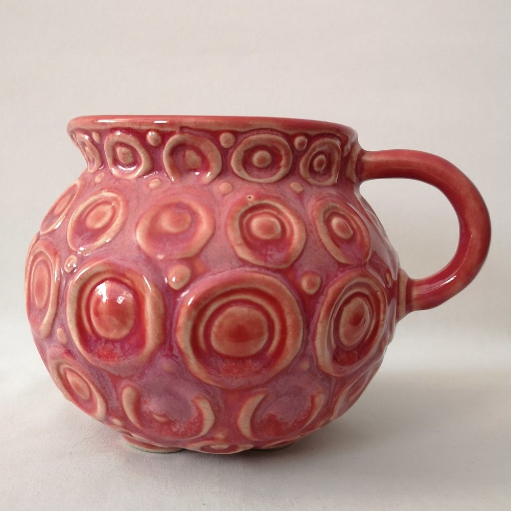 Vintage Studio Art Pottery Footed Vase / Water Vessel, Geometric Design Red Pink